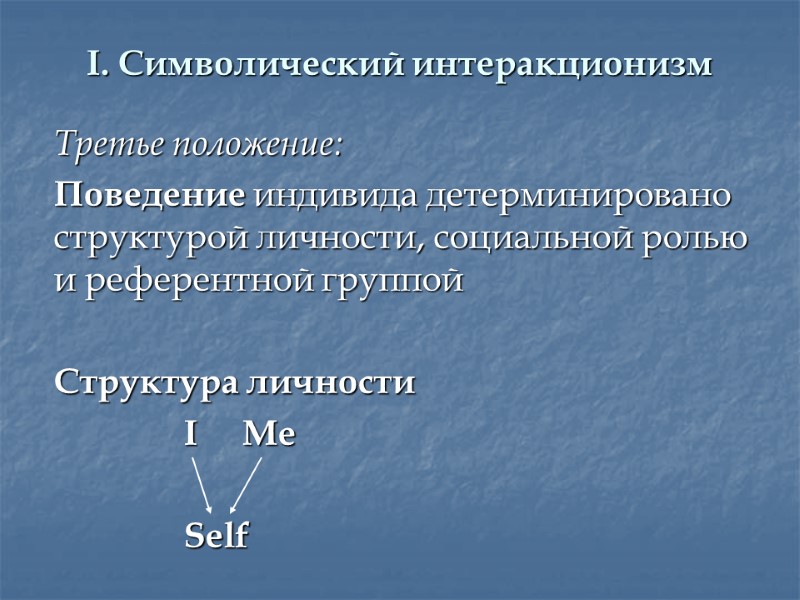 I. Символический интеракционизм  Третье положение:  Поведение индивида детерминировано структурой личности, социальной ролью